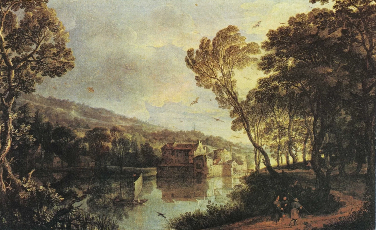 Paesaggio con vista di un castello in un lago